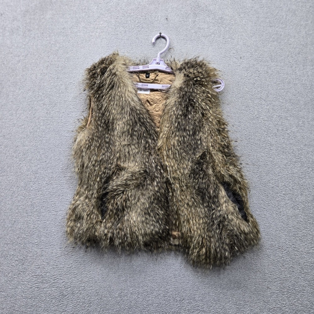 Express Women Jacket S/P Brown Embroidered Faux Fur Vest Animal Print